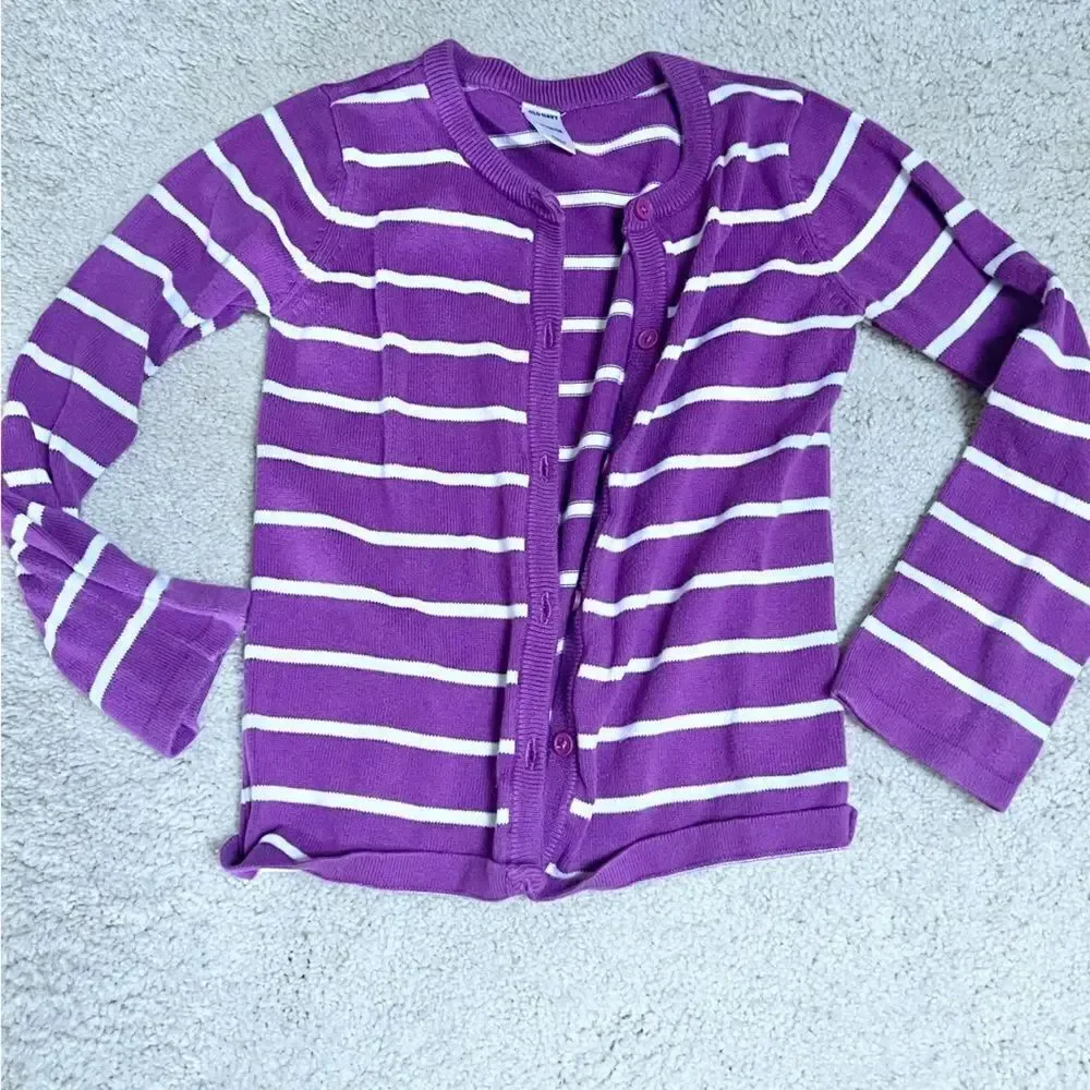 Old Navy Stripe Knit Cardigan Little Girl 5T Purple White EUC